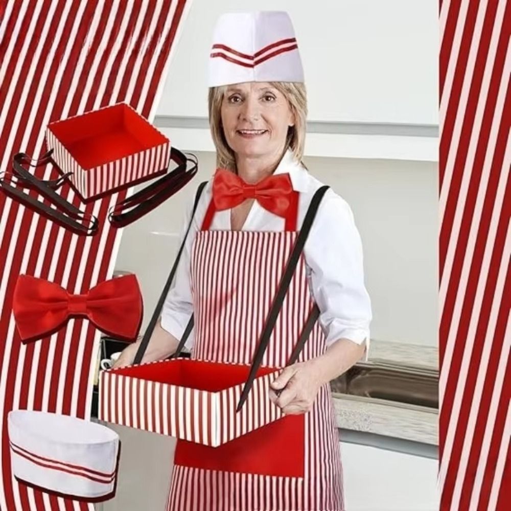 Women Kitchen Accessories - カーニバルサーカスウェイターコスプレエプロン帽子付き赤と白のストライプシェフコスチュームテーマパーティーロールプレイキッチンユニフォーム女性男性