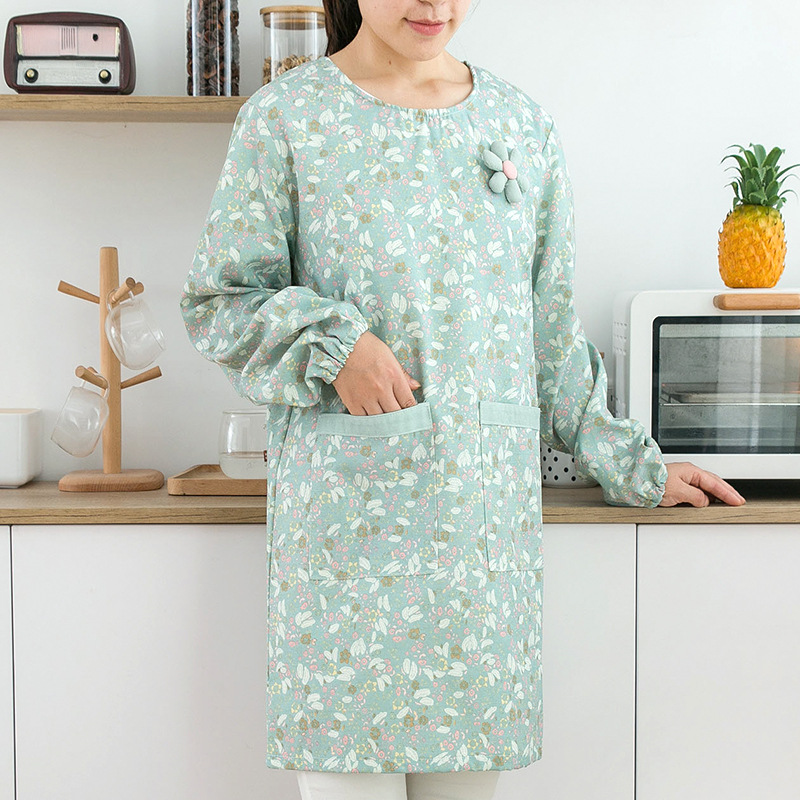 Women Kitchen Accessories - 女性用コットン長袖エプロン 防水防油作業服 家庭用キッチン用