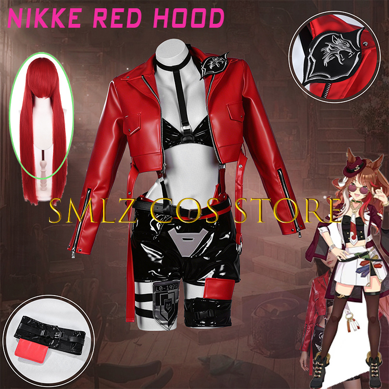 Women'S Red Accessories - ゲームニッキーレッドラピ赤ずきんちゃんコスプレ衣装女性用PUコートブラパンツ小道具ウィッグセットハロウィンパーティープレイ衣装