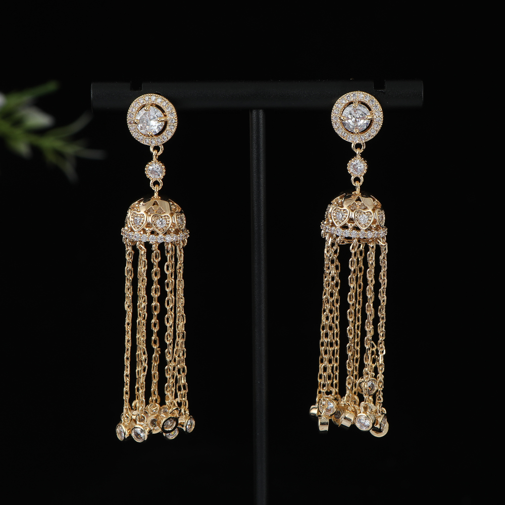 Women Accessories Dubai - ロングジオメトリラウンドロングタッセルイヤリング女性の結婚式キュービックジルコニア CZ ドバイブライダルイヤリングジュエリーアクセサリー E1189
