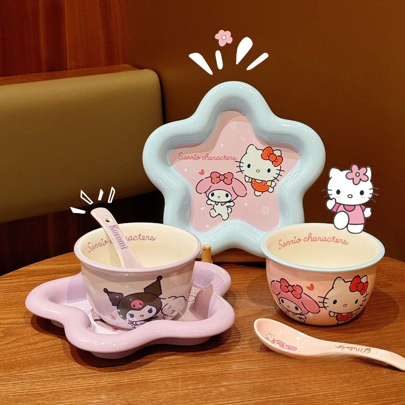 漫画猫プリントセラミック食器セット高価値ボウルプレート箸スプ - Women Kitchen Accessories のレビューと価格